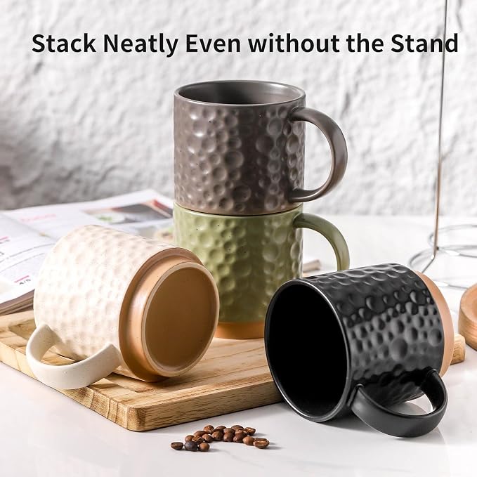 Nihow 16 Oz Ceramic Coffee Mug Set of 4 with Stackable Stand,4 color | Stackable, Stainless Stand Included, Cappuccino & Tea, Hot/Cold Drinks, Dishwasher & Microwave Safe
