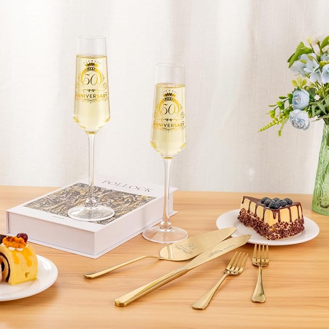 40th Wedding Anniversary Champagne Flutes Gifts, Happy Anniversary Decorations, Gold Cake Cutting Set Gfits for Women Men 40 th Birthday or Parents