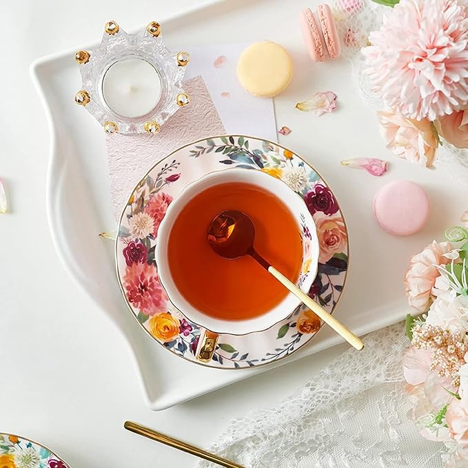 ONEUSTAR Tea Cup and Saucer Set for 1 Bone China English Tea Cup with Spoon Floral Teacup 8 oz British Coffee Latte Mug for Woomen Gifts, Pink