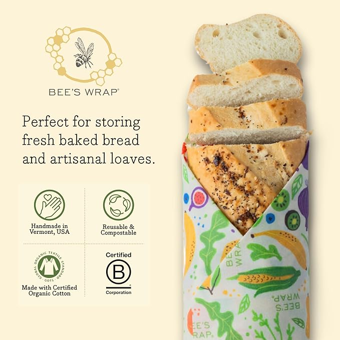 Bee's Wrap Beeswax Wraps for Bread - Beeswax Bread Wrap for Sourdough & Bread Storage - Plastic Free Made in USA Reusable Natural Food Wrap - Garden Party