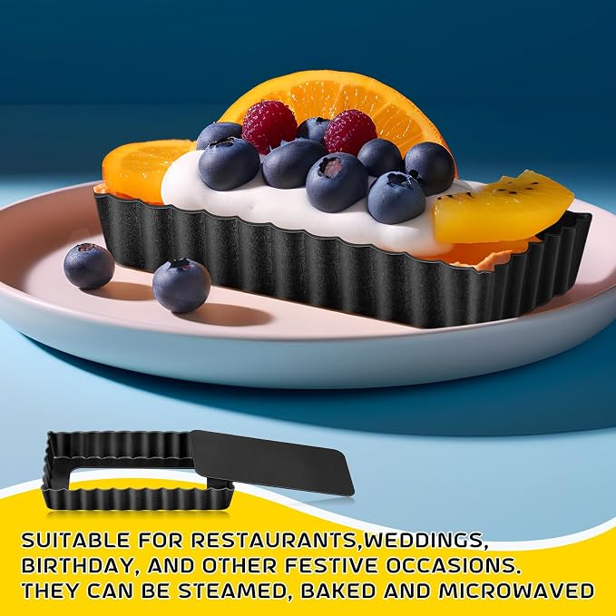 Tessco for You 16 Pcs Mini Tart Pans for Baking, 4.3 x 2.4 Inch Quiche Pans with Removable Bottom, Nonstick Egg Tart Molds Fluted Side Bakeware for Pie Fruit Tarts Cheesecake Dessert (Black Rectangle)