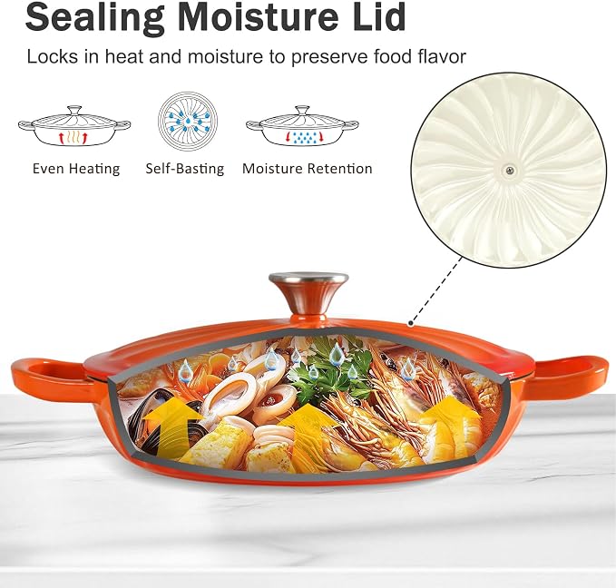 Enameled Cast Iron Dutch Oven, 3.8 Quart Dutch Oven Pot with Lid, Shallow Cast Iron Braiser with Handles, Oven Safe up to 500°F (Orange)