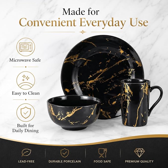Black and Gold Dinnerware Set 16-Piece – Marble Finish Porcelain Plates and Bowls Sets for 4, Modern Gold Dish Set for Family or Housewarming