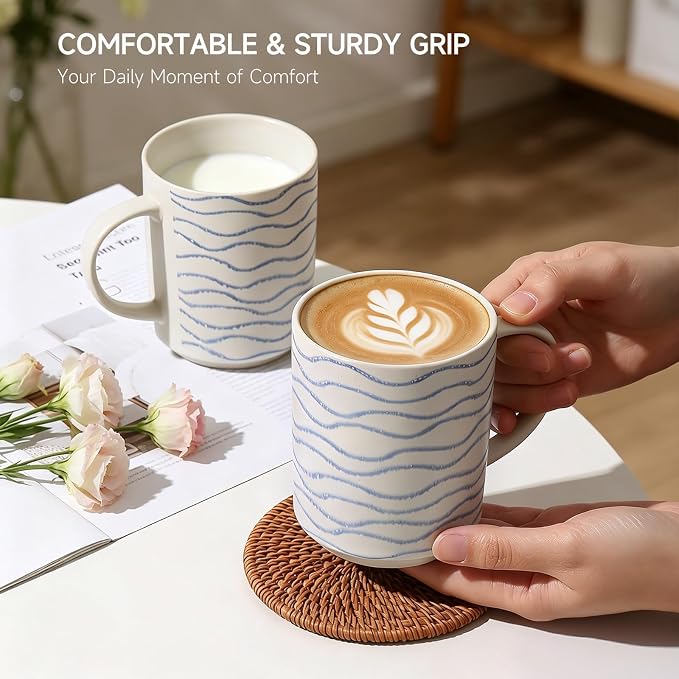 Coffee Mugs Set of 6, 17oz Ceramic Mugs with Handpainted Blue Gray Stripe Pattern, Modern Stackable Coffee Cups, Dishwasher and Microwave Safe Mugs for Home & Office (Wavy Pattern)