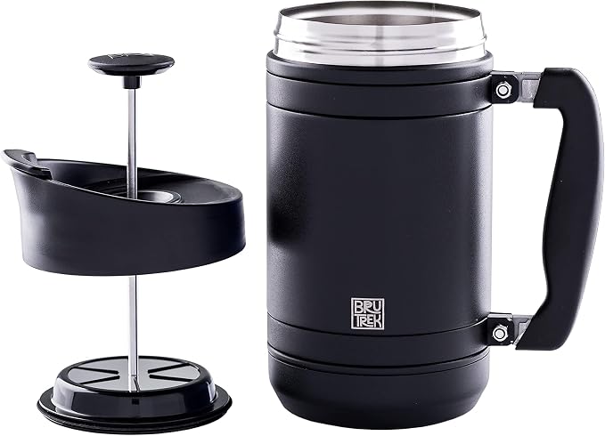 BruTrek® by Planetary Design BaseCamp Coffee Press - Double Wall Insulated Stainless Steel - Bru-Stop Technology, No Grounds in Coffee, No Spill Lid (Obsidian, 32 fl.oz)