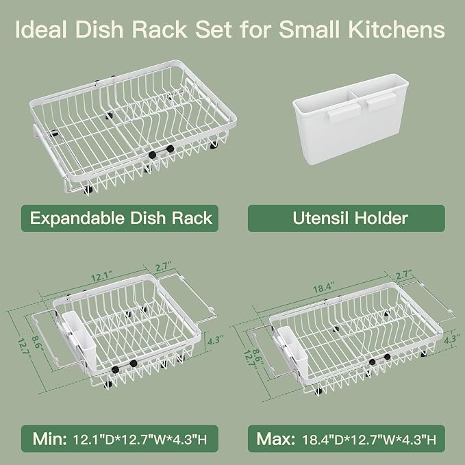 MAJALiS White Dish Drying Rack Over The Sink with Utensil Holder | Expandable Stainless Steel Dish Drainer for Small Kitchen, Apartment, RV, Counter Space Saving, Perfect Fit, Rustproof