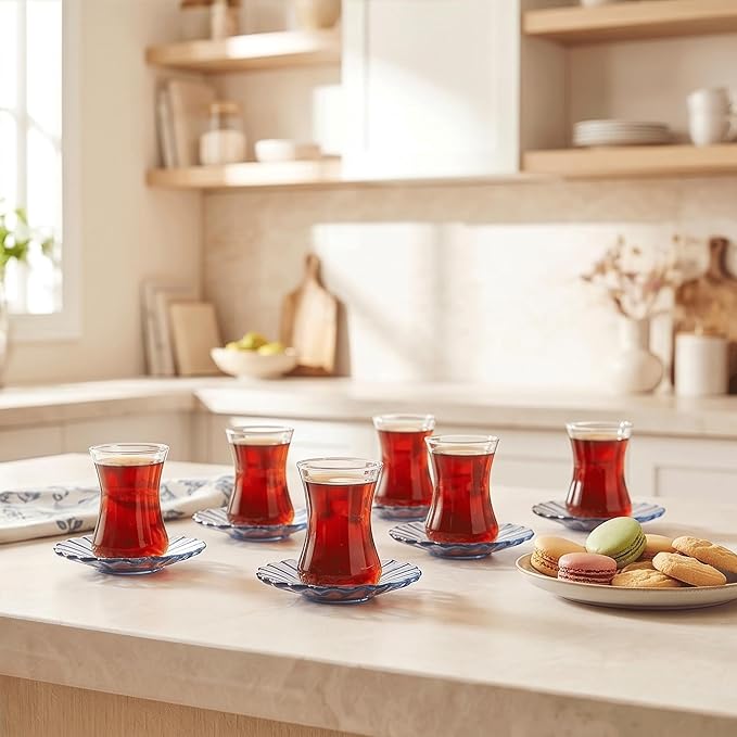 KARACA Luna 12-Piece Turkish Tea Cups for 6 People, 4.4 fl oz (130 ml) Turkish Tea Glasses Set with Elegant Light Blue Glass Saucers, Traditional Tulip Teacups, Hand Wash Recommended