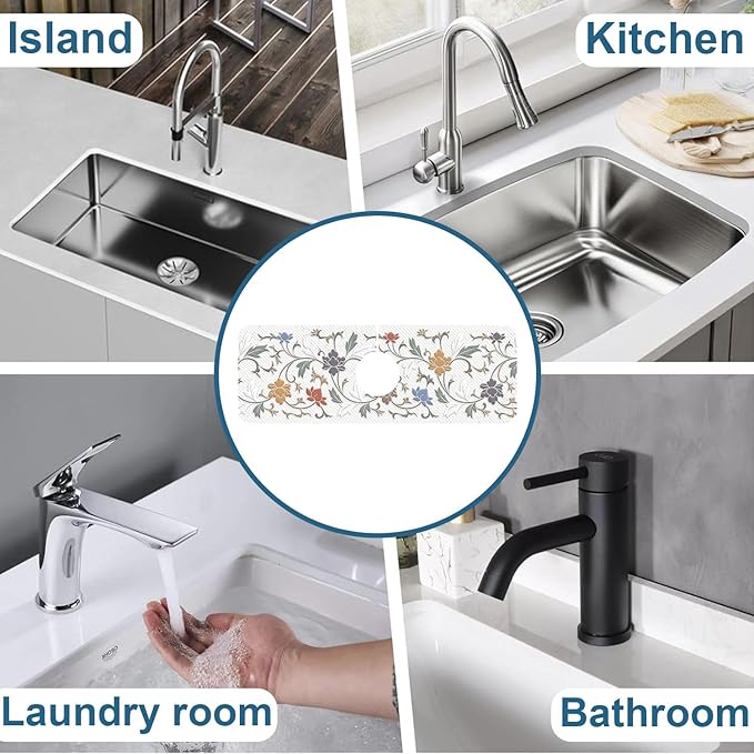 Art Ceramic Texture Sink Splash Guard Ceramic Flowers Faucet Absorbing Mat Fast Drying Mat Sink Gadgets Splash Guard Behind Faucet Drip Catcher for Kitchen Bathroom, 15.5"x5.5"