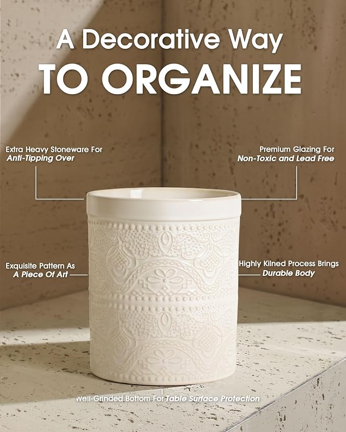 FUN ELEMENTS Kitchen Utensil Holder, 7.2" Super Large Utensil Crock Heavy and Stable Lace Emboss Ceramic Utensil Holder for Kitchen Counter (Lace Emboss)