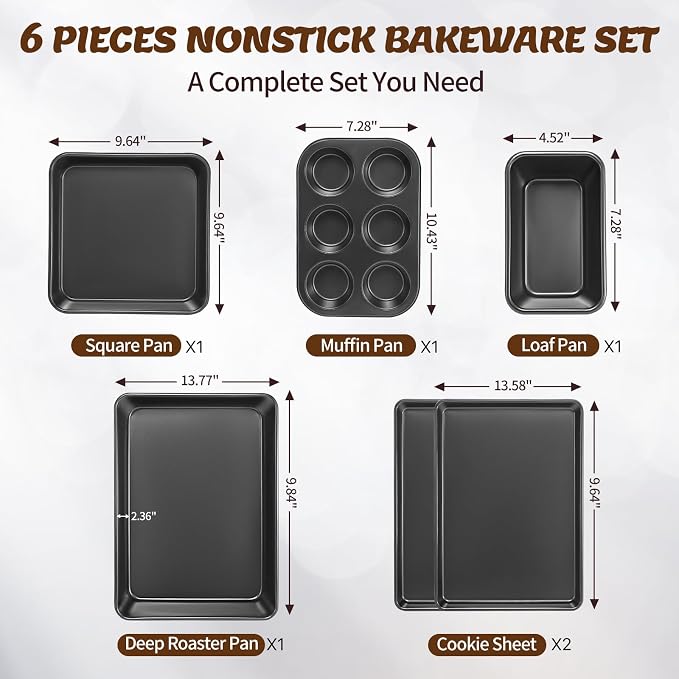 Baking Pans Set, Nonstick Bakeware Sets, Oven Pans for Cooking, AIVIKI 6 Pieces Baking Sheets Set Including Cookie Sheet, Deep Roaster Pan, Square Pan, Loaf Pan, Muffin Pan, Carbon Steel Baking Set