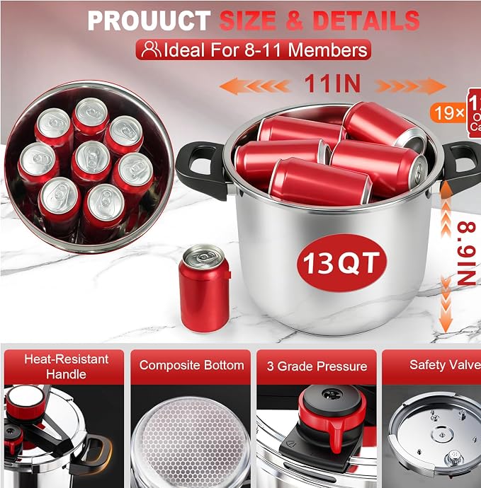 3-In-1 304 Stainless Steel Pressure Cooker 13 Quart: [Explosion-Proof] [3 PSI Settings], One-Hand Locking Pressure Canner, Induction Compatible, Glass Lid & Steamer Rack Included, Olla de Presion