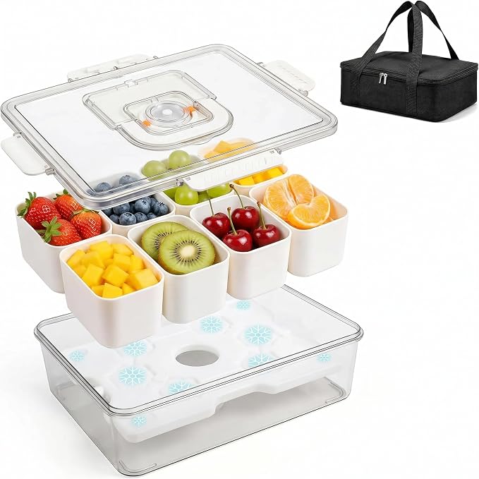 Chilled Portable Snackle Box container, Divided Serving Tray, Beach Essentials Insulated Container with Reusable Ice Pack & Bag – Keep Food Hot or Cold On the Go for Adult