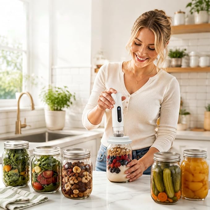 Mason Jar Vacuum Sealer Kit with 2 Sealers, 20 Reusable Lids (Wide & Regular Mouth), Wine Vacuum Stopper & Opener, Food Storage System for Meal Prep, Pantry, Without Mason Jar