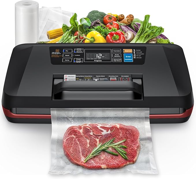 95kPa Vacuum Sealer Machine,Commercial Fully Automatic Food Sealer,10-in-1 Functions & Powerful Sealing System with Double Heat Seal,Easy-Lock Handle,Built-in cutter, 10 Pre-cut Bags1, Bag Rolls
