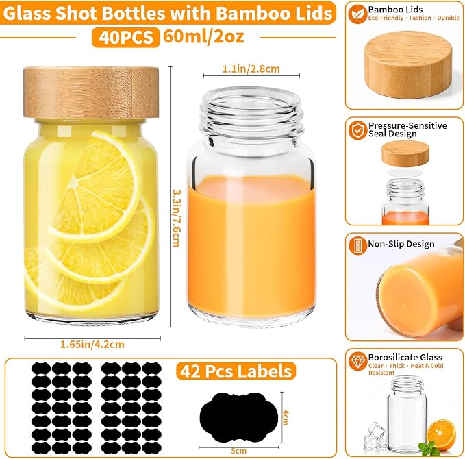 40 Pack 2 oz Glass Shot Bottles with Bamboo Lids and Labels | Clear borosilicate glass shows fresh drinks, with leak-resistant seal and wide mouth for juicing, fridge and travel