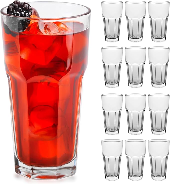 Libbey Gibraltar DuraTuff Drinking Glass Drinking Cup Set, Iconic Heavy Base Bar Glassware hick Drinking Glasses Set of 12, 16-Ounce Cooler Glasses