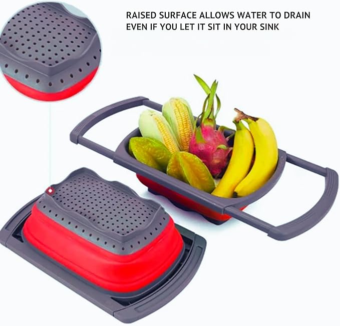 Collapsible Silicone Colander – Space-Saving Foldable Strainer for Pasta, Vegetables & Fruits – Large 6 Qt Kitchen Strainer, Heat-Resistant, BPA-Free & Dishwasher Safe |RED