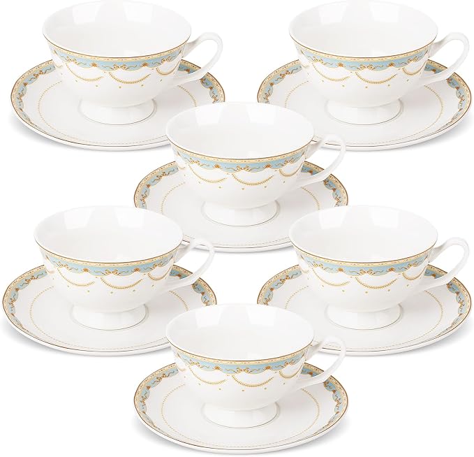 fanquare Blue Lace Teacup and Saucers Set with Gold Trim, Bone China British Coffee Cups and Saucers for Afternoon Tea Coffee Party Gifts