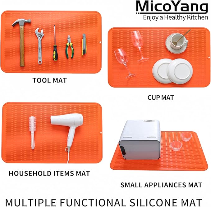 MicoYang Silicone Dish Drying Mat for Multiple Usage,Easy clean,Eco-friendly,Heat-resistant Silicone Mat for Kitchen Counter or Sink,Refrigerator or Drawer Liner Orange 3XL 28 inches x 18 inches