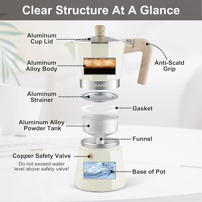 Sivaphe Aluminum Moka Pot 3 Espresso Cups, Percolator Espresso and Coffee Maker, Portable Stovetop Italian and Cuban Café Brewer for Home and Camping White