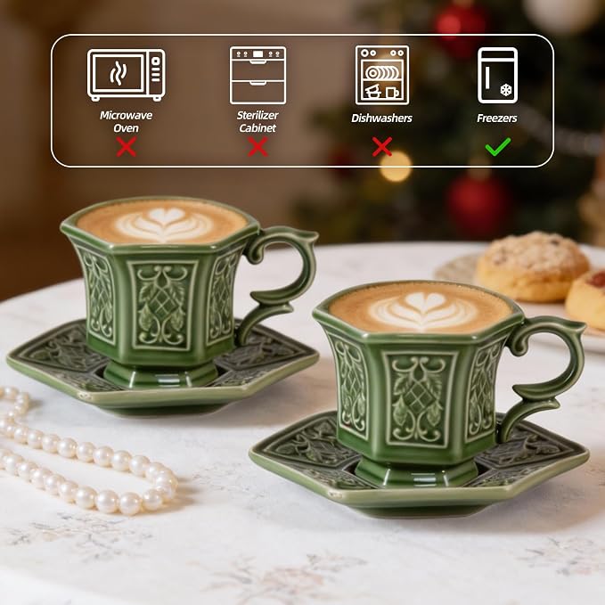 KAMMAK Tea Cups and Saucers Set of 2, Porcelain Coffee Cups, 6-Ounce Stackable Espresso Mugs, Ceramic Demitasse for Coffee, Latte, Americano, Tea, Retro Green