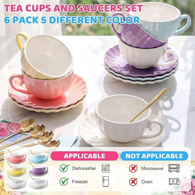 Set of 6 Tea Cups and Saucers Tea Party Decorations 5.4 oz British Cappuccino Cups with Saucers Floral Napkin Gift for Women Birthday Party Church Mother's Day