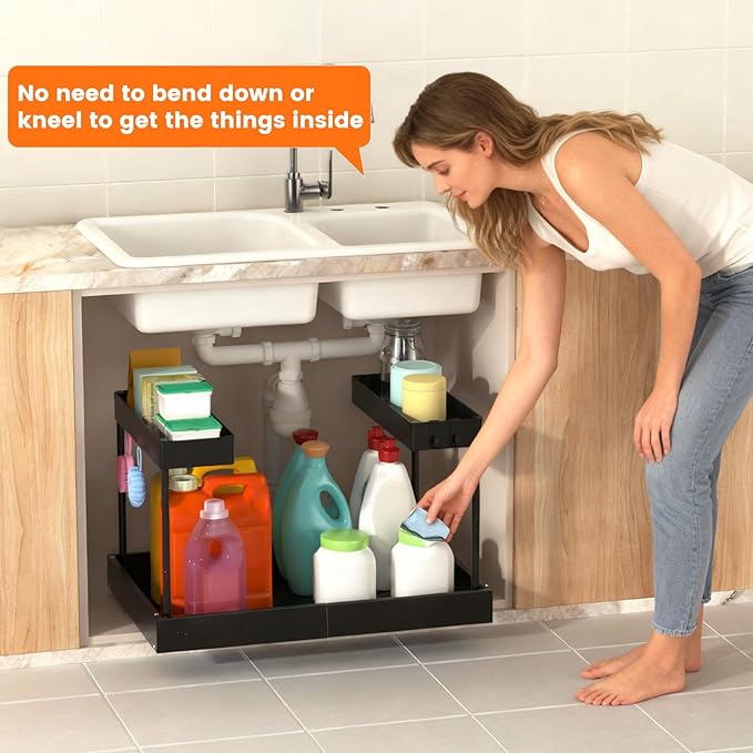 Expandable Under Sink Organizers and Storage,Width Adjustable (14.9-23.6IN),No Drill 2-Tier Pull Out Under Cabinet Organizer for Kitchen Bathroom Laundry (black)
