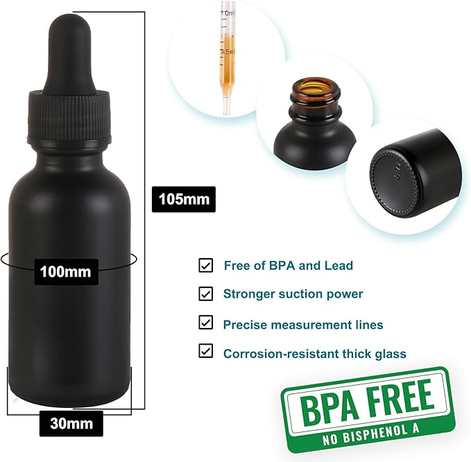 NOOEEISS 24 Pack,1oz Glass Dropper Bottle, Frosted Black Tincture Bottles with Dropper,Pretty Finish for All Kinds of Liquids,Oil Bottles for Hair- Stronger Suction ideal for Leakproof Travel