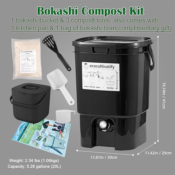 20L Bokashi Compost Bin, 5.28 Gallon Compost Bin for Kitchen Composter with Lid, Bokashi Start Kit with Bran (Tan & Dark Green) (20L/5.28GAL Black)