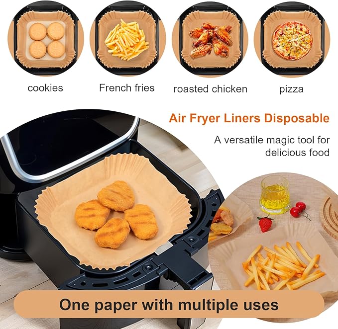 500 Pcs Air Fryer Paper Liners, 8” Square Disposable Parchment Paper Liner for 5-8 QT Air Fryer, Non-Stick, Oil Proof Unbleached Airfryer for Baking, Roasting Microwave