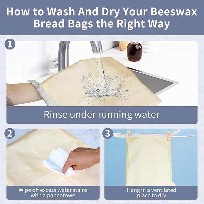 Saicefe 2 Pack Reusable Beeswax Bread Bags for Sourdough & Homemade Bread, Cotton Waxed Bags Keeps Fresh Longer XL Food Storage Bags with Beeswax Lining, Freezer Safe, Baking Supplies for Sourdough