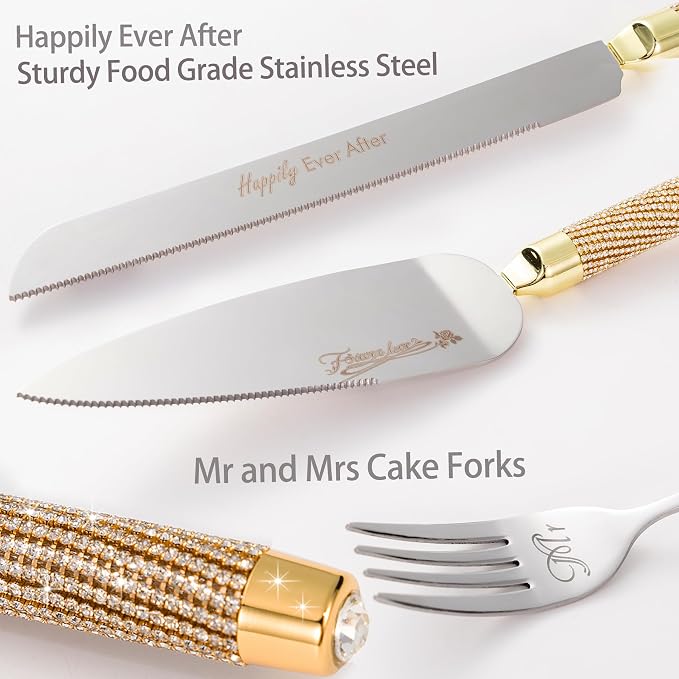 Wedding Cake Knife and Server Set, Gold Cake Cutting Set for Wedding, Mr and Mrs Champagne Flutes for Bridal Shower Gifts Engagement Gifts for Couples