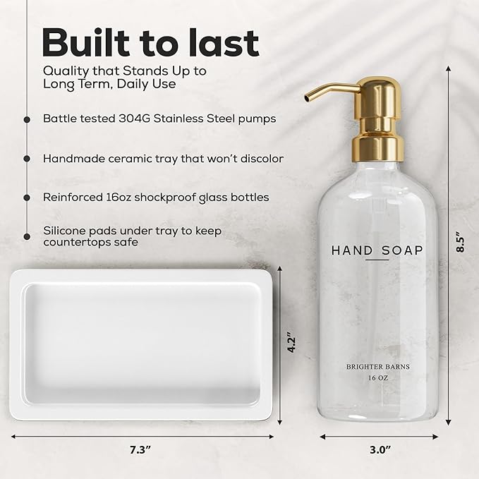 Luxury Glass Hand and Dish Soap Dispenser Set by Brighter Barns - Gold Kitchen Soap Dispenser Set with Stainless Steel Pumps and Ceramic Tray - Modern Kitchen Decor for Home, Airbnb, Gift (Clear/Gold)