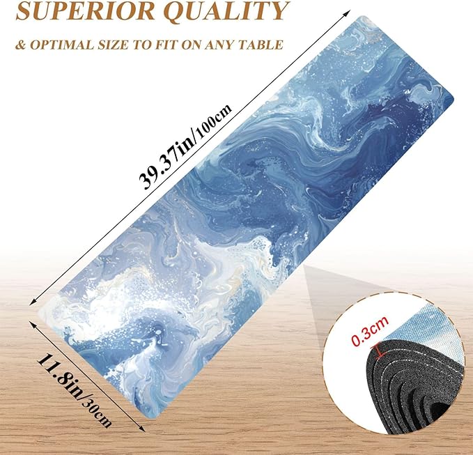 2-in-1 Table Runner Trivet for Hot Dishes Heat Resistant Hot Plate Mat Pad 39x12 Inch Waterproof Table Protector Trivets for Countertop Non Slip Decorative Blue Swirling Fluid