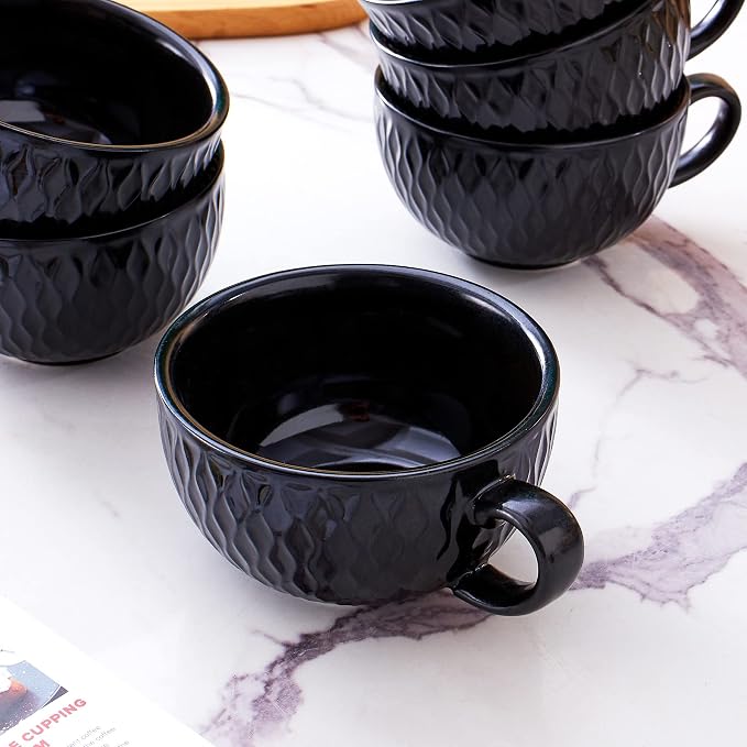 Coffeezone Set of 6 Cups Vintage Design 12 oz Professional Barista Ceramic Latte Art Cappuccino Cups Set (Embossed Black * 6)