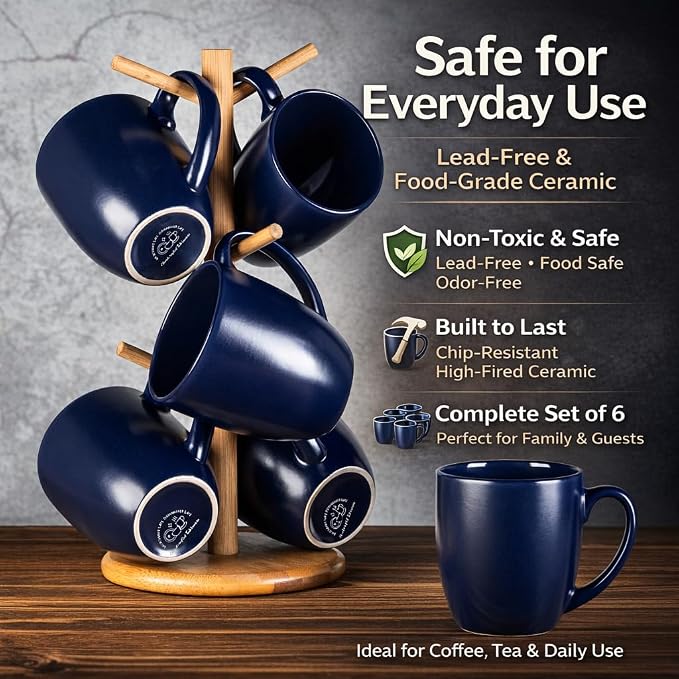 GBhome 16oz Coffee Mugs Set of 6, Large Ceramic Coffee Mugs for Man, Woman, Dad, Mom, Modern Coffee Mugs Set with handle for Tea/Latte/Cappuccino/Milk/Cocoa. Dishwasher&Microwave Safe,Matte Blue