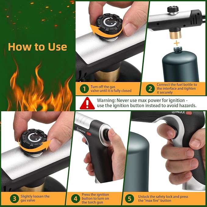 Powerful Propane Torch with One-Touch Max Fire, Adjustable Kitchen Torch with Safety Lock, Flamethrower, Blow Torch Gun for Grill, BBQ, Sous Vide, Campfire Starter (Tank Not Included)