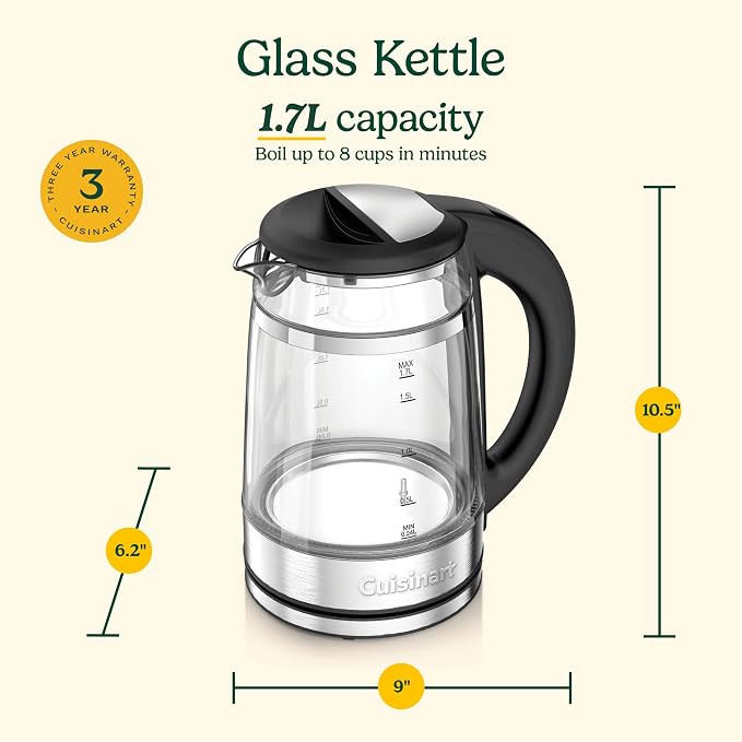 Cuisinart 1.7L Glass Variable Temperature Control Electric Kettle 110°F–212°F with Touchscreen Controls, Illumination, Dual‑Layer Cool‑Touch Design & Nondrip Spout