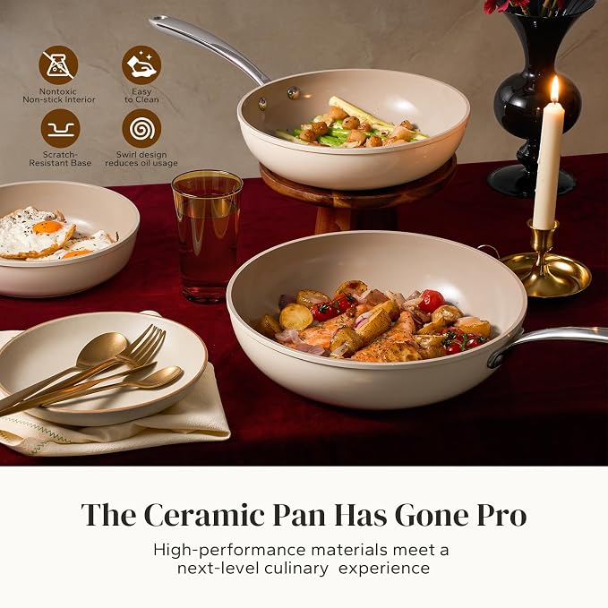 Redchef Ceramic Nonstick Frying Pan, Ceramic Non-Stick Saute Pan, Non Toxic Egg Pan, Cooking Pan for Kitchen, PFAS Free, All Stovetops (Gas, Electric, Induction), Oven Dishwasher Safe(9.5" Beige)