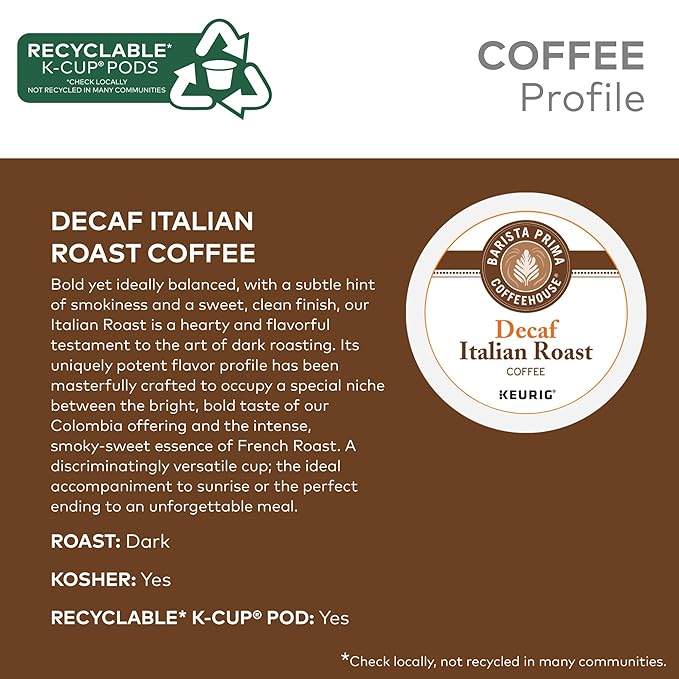 Barista Prima Coffeehouse, Italian Roast Decaf Keurig Single Serve K-Cup Pods, 96 count