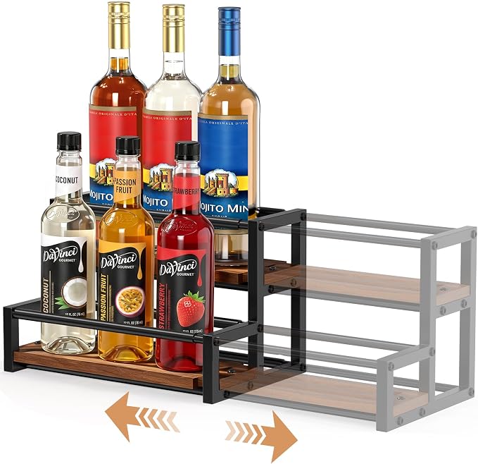 Expandable Coffee Syrup Organizer, Customized Width Syrup Rack & Bottle Holder for Coffee Bar Station (Wooden Base for All Bottle Sizes)