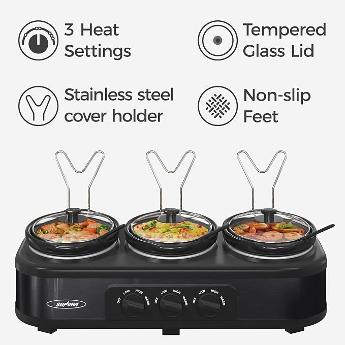 Sunvivi Triple Slow Cooker Buffet Servers and Warmer,3 Pot Food Small Mini Manual Slow Cooker with Adjustable Temp Stainless Steel Lid Rests,Removable Ceramic Pot, 3 * 1.5 Quarts Black
