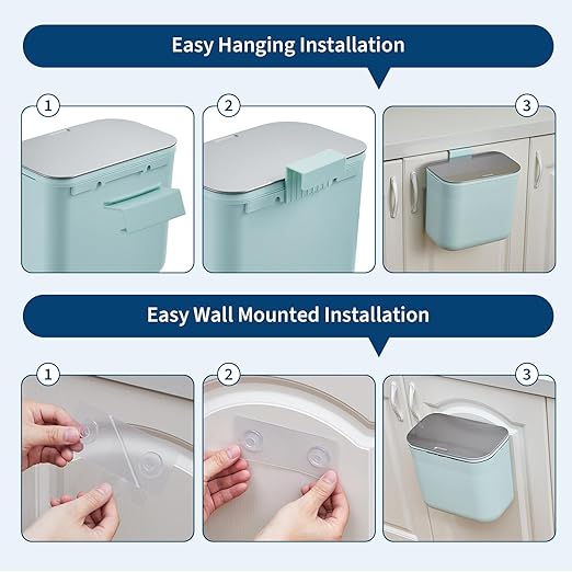 Hanging Kitchen Trash Can with Lid - 1.8 Gallon Small Compost Bin for Cabinet Door, Under Sink - Odor-Sealing Stainless Steel Top Food Waste Bin for RV, Bathroom, Office - Indoor Recycling Bin