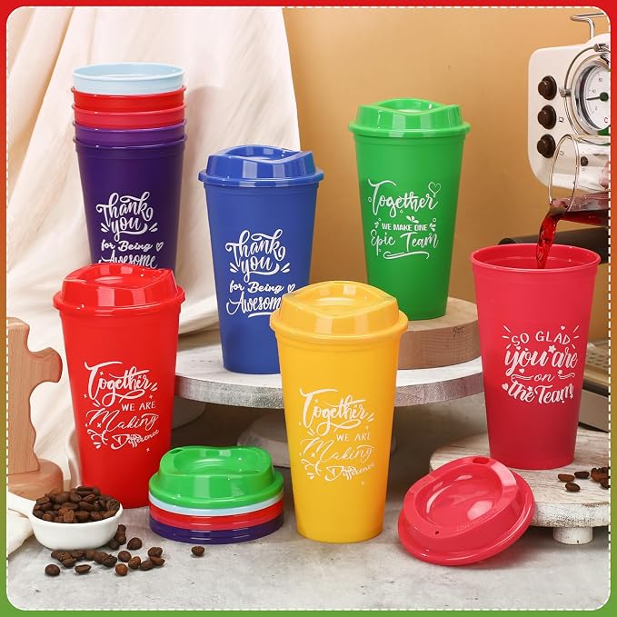 Pickmesh 15 Pcs Employee Appreciation Gifts Bulk 16 oz Plastic Tumblers with Lids Graduation Teacher Appreciation Gifts Reusable Coffee Cups for Staff Volunteer Coworker Team (Bright Color)