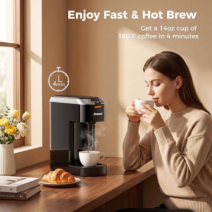 Single Serve Coffee Maker for K Cup Pods, One Button Coffee Maker, 6-14oz Brew Sizes, Fits Travel Mug, Compact for Small Kitchen, Office, Dorm, RV, Silver