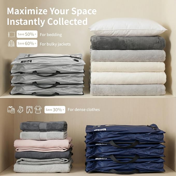 Vacuum Seal Bags for Travel with Pump, Reusable Nylon Compression Packing Cubes to Save Space for Carry-On Suitcase & Backpack, Odor&Waterproof Vacuum Kit for Clothes (Navy/Light Grey)