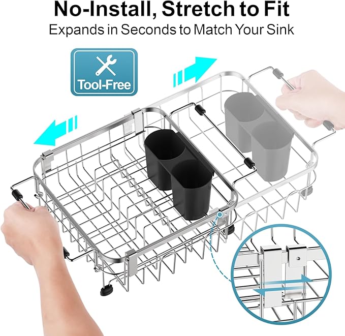 GSlife Small in Sink Dish Drying Rack - Expandable Stainless Steel Compact Over The Sink Dish Drainer with Utensil Holder for RV Kitchen Apartment, 11.2" W x 11.2"-17" L, Silver