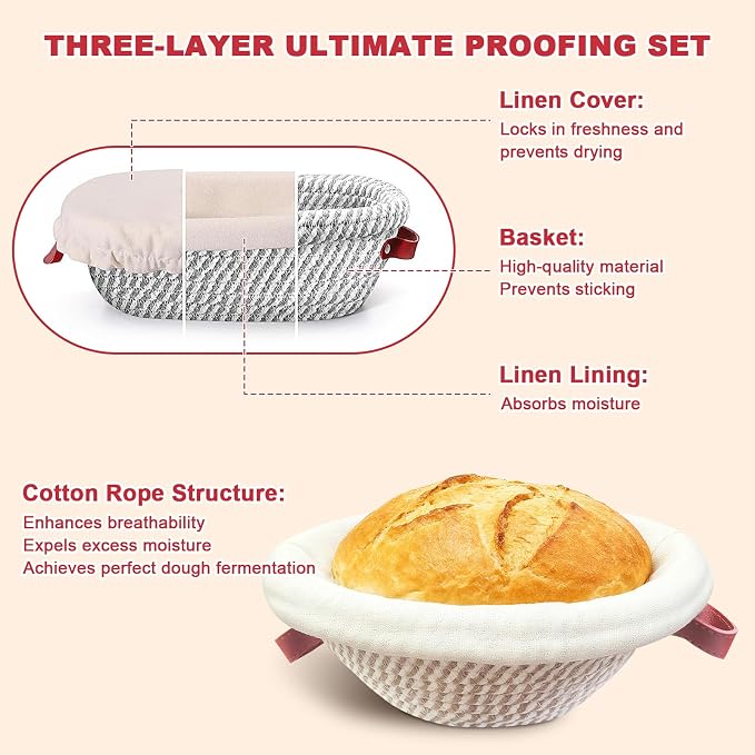 Sourdough Bread Baking Supplies, Sourdough Starter Kit with Cotton Rope Oval & Round Bread Proofing Basket and Sourdough Starter Jar, Artisan Bread Making Kit Ideal Gift for Bakers, Women Wife Mom Red
