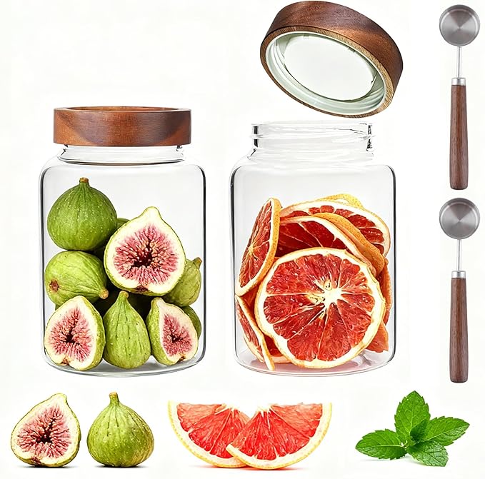 60 oz Glass Coffee Jars with Wooden Airtight Lid Spoon Clear Herb Ground Canister Round Food Storage Container for Sugar Pantry Flours Tea Coffee Bean Spice Cookies (1800ml/60oz-2PACK（with spoon))