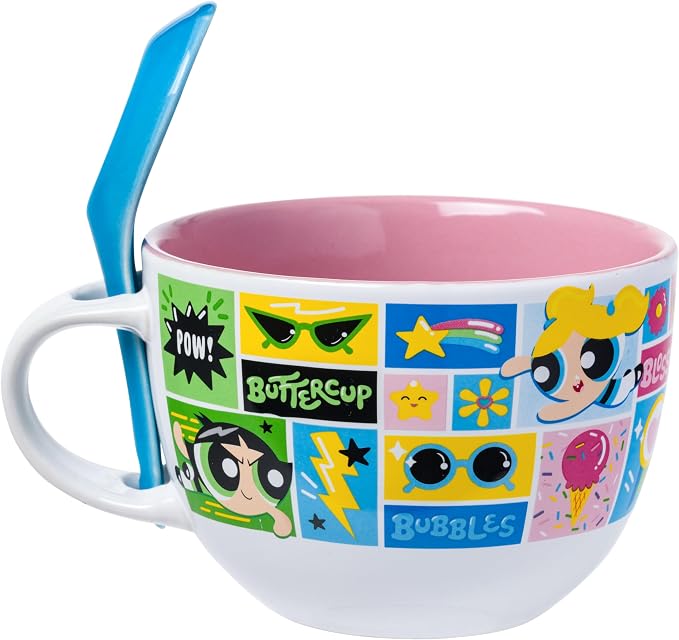 Silver Buffalo The Powerpuff Girls Comic Panels Featuring Bubbles, Blossom, and Buttercup Ceramic Soup Mug Spoon Set, 24 Ounces
